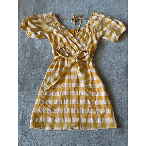 Lucy Paris Gingham Dress Puff Sleeve‎ Tie Waist Sweetheart Neck Yellow S - Picture 1 of 5